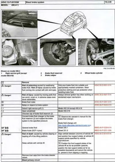 Brake bleeding diagram showing service grill, fluid reservoir, caliper, and wheel cylinder locations with numbered callouts.