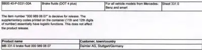 Technical specification sheet for MB 331.0 brake fluid with part number 000 989 08 07.