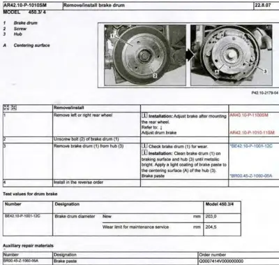 Service manual page showing brake drum removal steps with two photos and numbered callouts for smart fortwo.