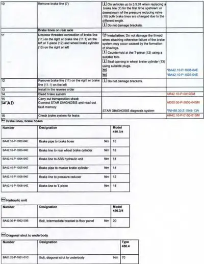Service procedure table showing brake line removal steps, installation notes, and torque values for brake components.