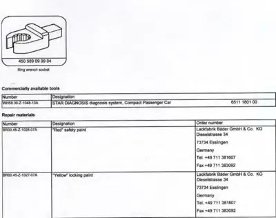 Ring wrench socket tool illustration with part number and table of commercial tools and repair materials