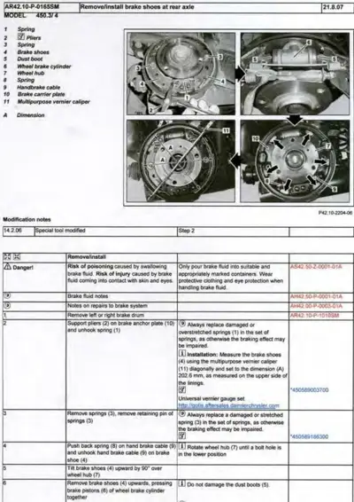 Four exploded view photos of drum brake assembly with numbered callout labels 1-11 identifying springs, shoes, cylinders, and hardware.