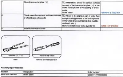 Service table with brake repair steps, pliers and removal tool illustrations, and auxiliary repair materials list.