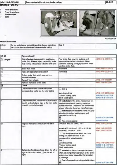 Service manual page showing front brake caliper removal procedure with two technical photos and detailed step instructions.