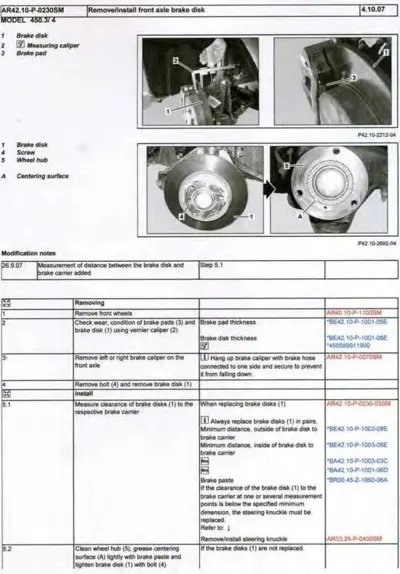 Service manual page showing brake disk components, assembly photos, and step-by-step removal/installation instructions with callouts.