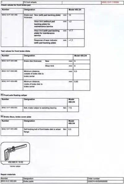 Technical specifications table for front brake system components including pad thickness, disk wear limits, and bolt torques.