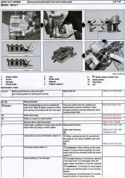 Exploded view diagrams of brake caliper assembly and brake pad replacement steps with labeled parts.