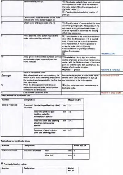 Service table showing brake pad removal steps, specifications, and disk wear limits.