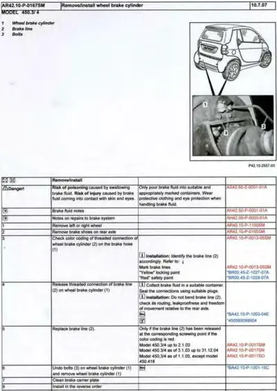 Service manual page showing wheel brake cylinder removal steps with vehicle diagram and numbered callouts.