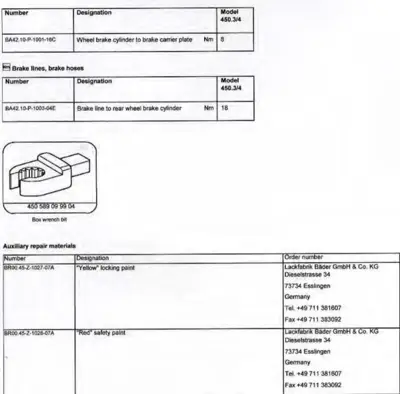 Parts tables for brake cylinders, lines, wrench tool illustration, and locking paint supplier information.