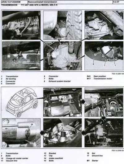 Multi-panel technical diagram showing transmission removal steps with numbered callouts for Smart fortwo.
