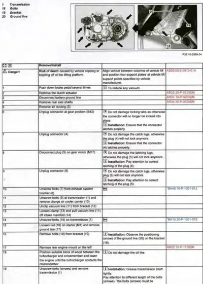 Transmission exploded view and bracket assembly with 20 numbered service steps and part callouts.