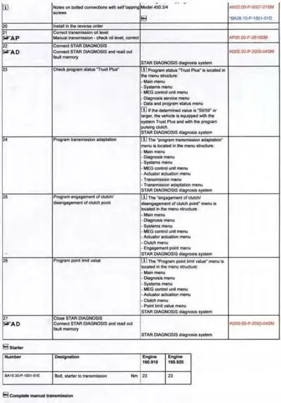 Service procedure table for smart 450 manual transmission with STAR DIAGNOSIS diagnostic steps and menu navigation instructions.