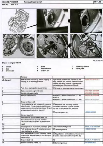 Service manual page showing clutch removal steps with engine diagram and six detailed photographs of clutch assembly components.