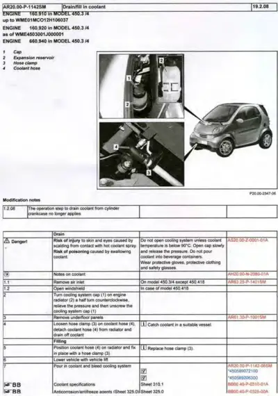 Engine coolant drain/fill service procedure diagram with four numbered detail photos and component callouts for Model 450.