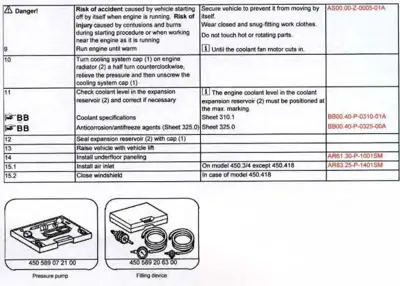 Service procedure table with engine coolant maintenance steps and two diagrams of pressure pump and filling device tools below.