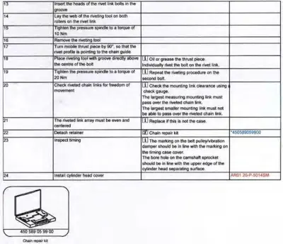 Service manual table with numbered steps 13-24 for chain repair and cylinder head installation.