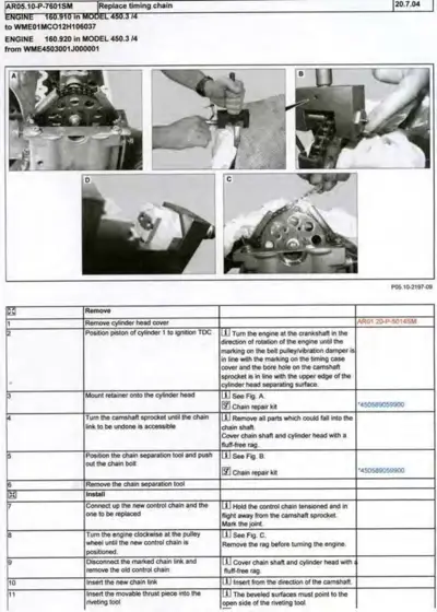 Service manual page with five photographs (A-D) of engine timing chain removal and installation procedures, plus numbered step instructions.