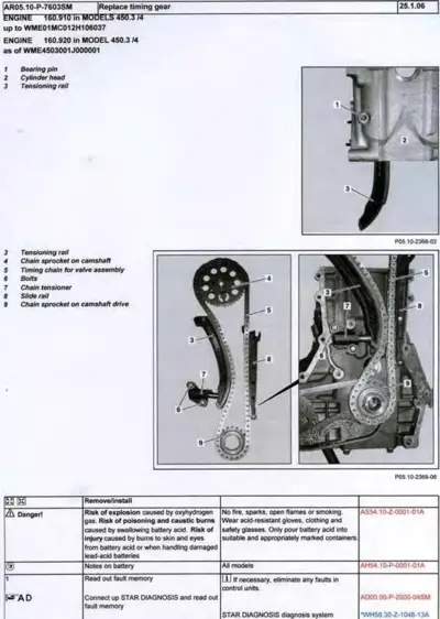 Engine timing chain assembly diagram with nine numbered component callouts and three detail photos.