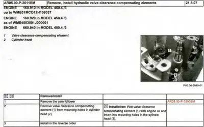 Engine cylinder head with two numbered callout points showing valve clearance compensating element location