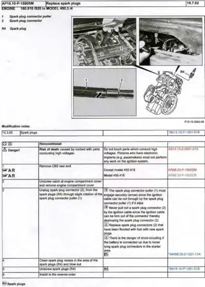 Service manual page showing spark plug removal and installation with labeled diagrams and callout steps.