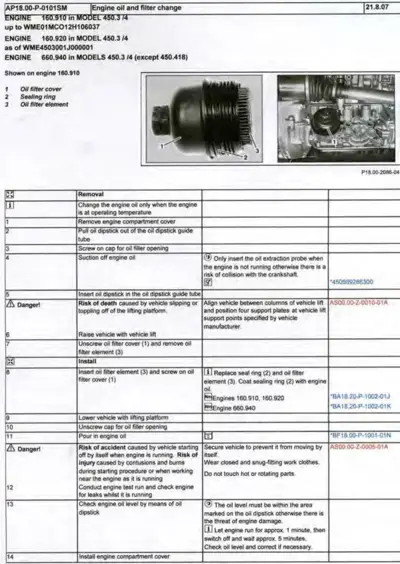 Oil filter assembly diagram and numbered service procedure table for smart fortwo engine maintenance.