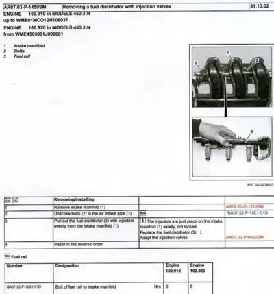 Service procedure photos showing fuel distributor removal and fuel rail with three injectors