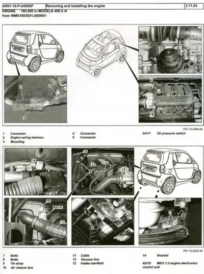 Service manual page showing engine removal steps with numbered callouts on multiple engine bay photographs.