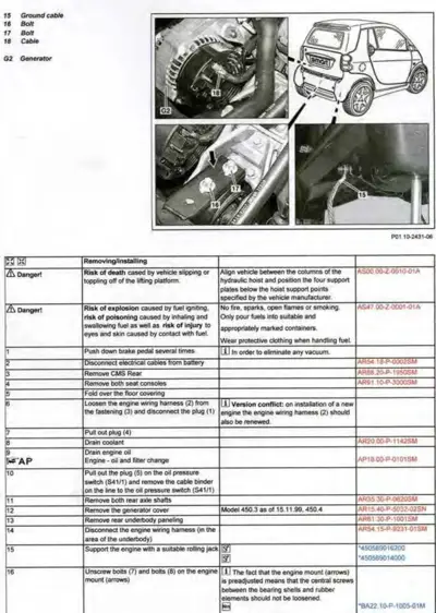 Multi-panel diagram showing generator, engine bay, and step-by-step removal instructions with numbered callouts.