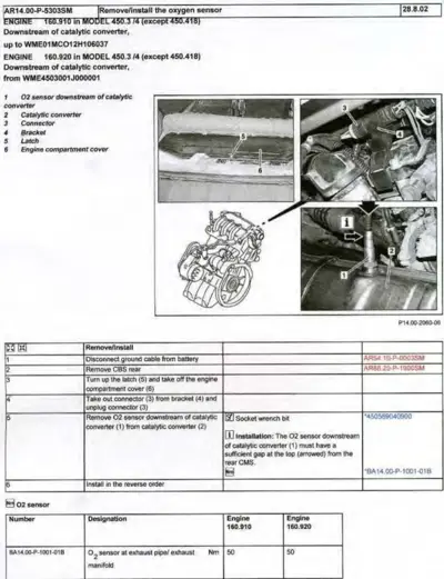 Service procedure for O2 sensor removal with photos and step-by-step instructions for Smart fortwo 450.