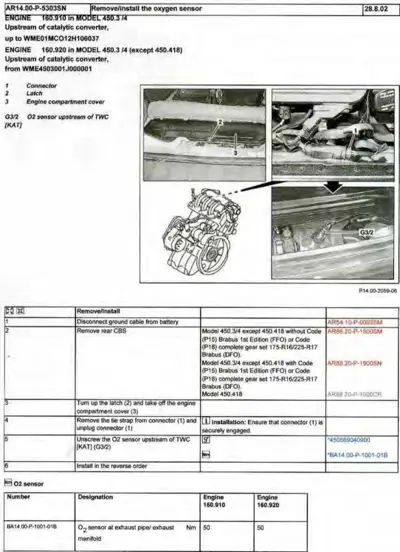 Service procedure for O2 sensor replacement with numbered callouts on engine photos and detailed step-by-step instructions.