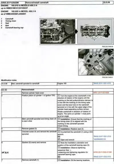 Engine camshaft removal procedure with numbered callouts and step-by-step instructions.