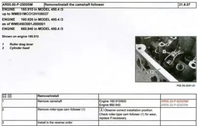 Engine diagram showing roller drag lever and cylinder head with numbered callouts for cam follower service.