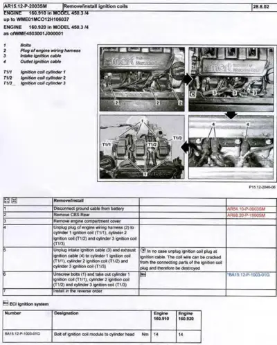 Four engine bay photographs showing ignition coil locations and removal procedure for three cylinders, with step-by-step service instructions below.