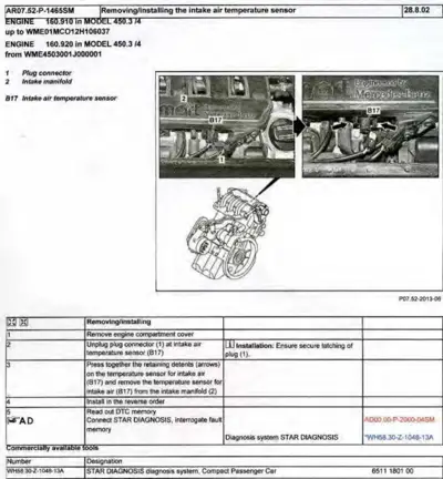 Engine bay photos and schematic showing intake air temperature sensor location and removal steps.