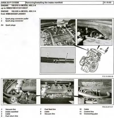 Engine intake manifold removal procedure with 12 numbered callouts showing spark plugs, vacuum lines, fuel lines, and cables.