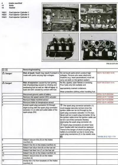 Engine intake manifold assembly diagrams showing bolt callouts and fuel injector cylinder locations Y62/1, Y62/2, Y62/3.