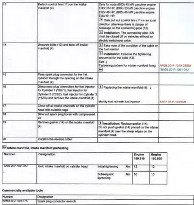 Service procedure table showing steps 13-20 for intake manifold removal, with torque specs and part numbers for bolt installation.
