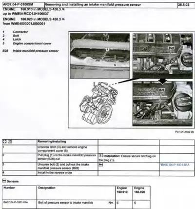 Service procedure for intake manifold pressure sensor replacement with numbered callouts and engine diagram.