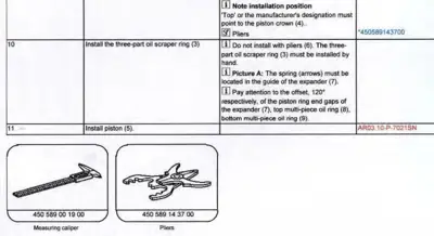 Service manual page showing piston ring installation steps, measuring caliper and pliers tools with part numbers.