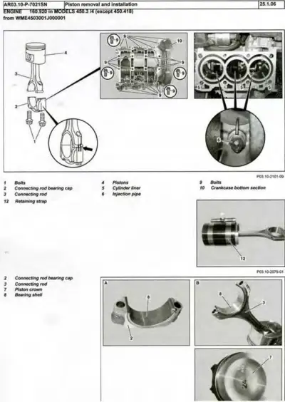 Exploded view diagram and photographs of piston, connecting rod, bearing cap, and cylinder liner components for smart fortwo 450 engine.