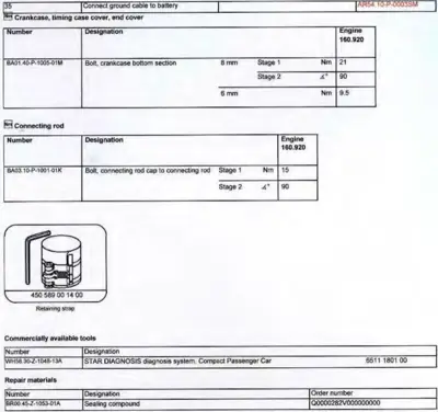 Torque specification tables for crankcase bolts and connecting rod bolts with part numbers.