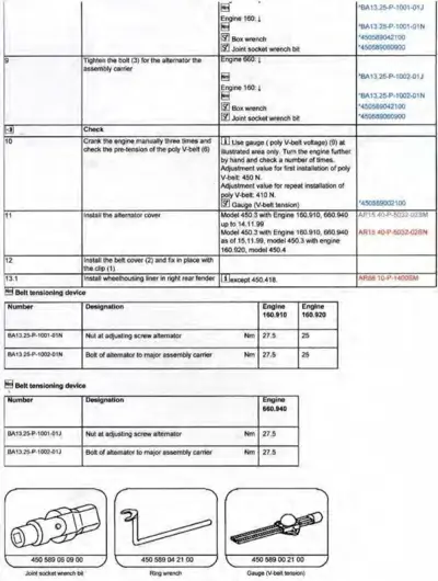 Service manual page showing alternator bolt tightening steps, belt tension gauge use, and torque specs table with tool diagrams.