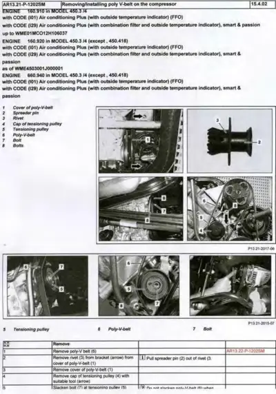 Engine compartment diagram showing poly V-belt components and removal steps for smart fortwo models.