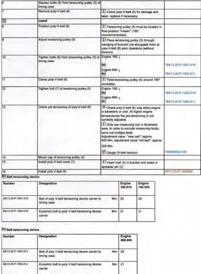 Service procedure table for belt tensioning device removal, installation, and adjustment with callouts and torque values.