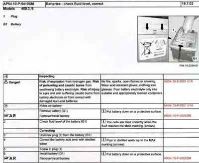 Service manual page showing battery (G1) fluid level check and correction steps with warning about hydrogen gas and caustic burns.