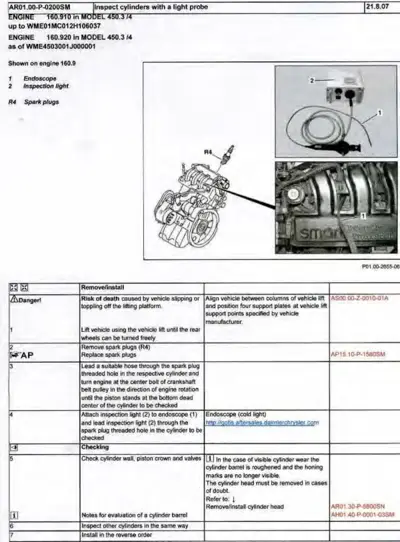 Engine cylinder inspection with endoscope tool and numbered service procedure steps.