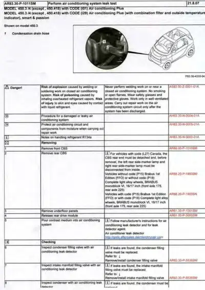 Service manual page showing AC leak test steps and condensation drain hose location on smart car.