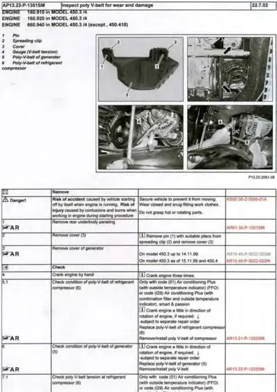 Engine V-belt inspection guide with four labeled photos showing belt locations and service steps for smart fortwo 450 chassis.