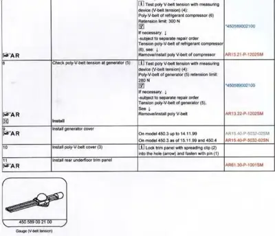 Service manual table showing V-belt tension testing procedures with retention limits and part numbers for compressor and generator.